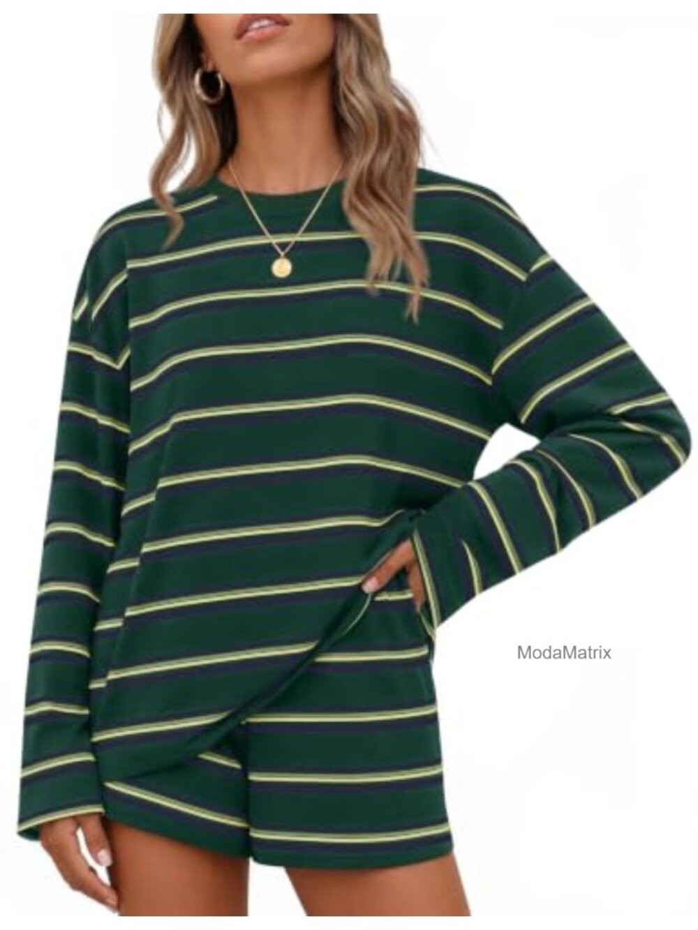 Striped 2 Piece Lounge Set Long Sleeve Top Shorts Oversized Relaxed Fit